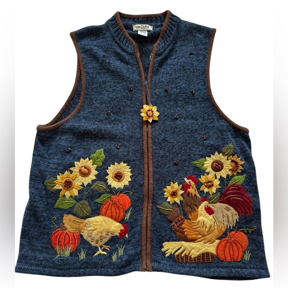 Vintage Tiara International Rooster Sunflower Blue Sleeveless Vest Size Large - Picture 13 of 13